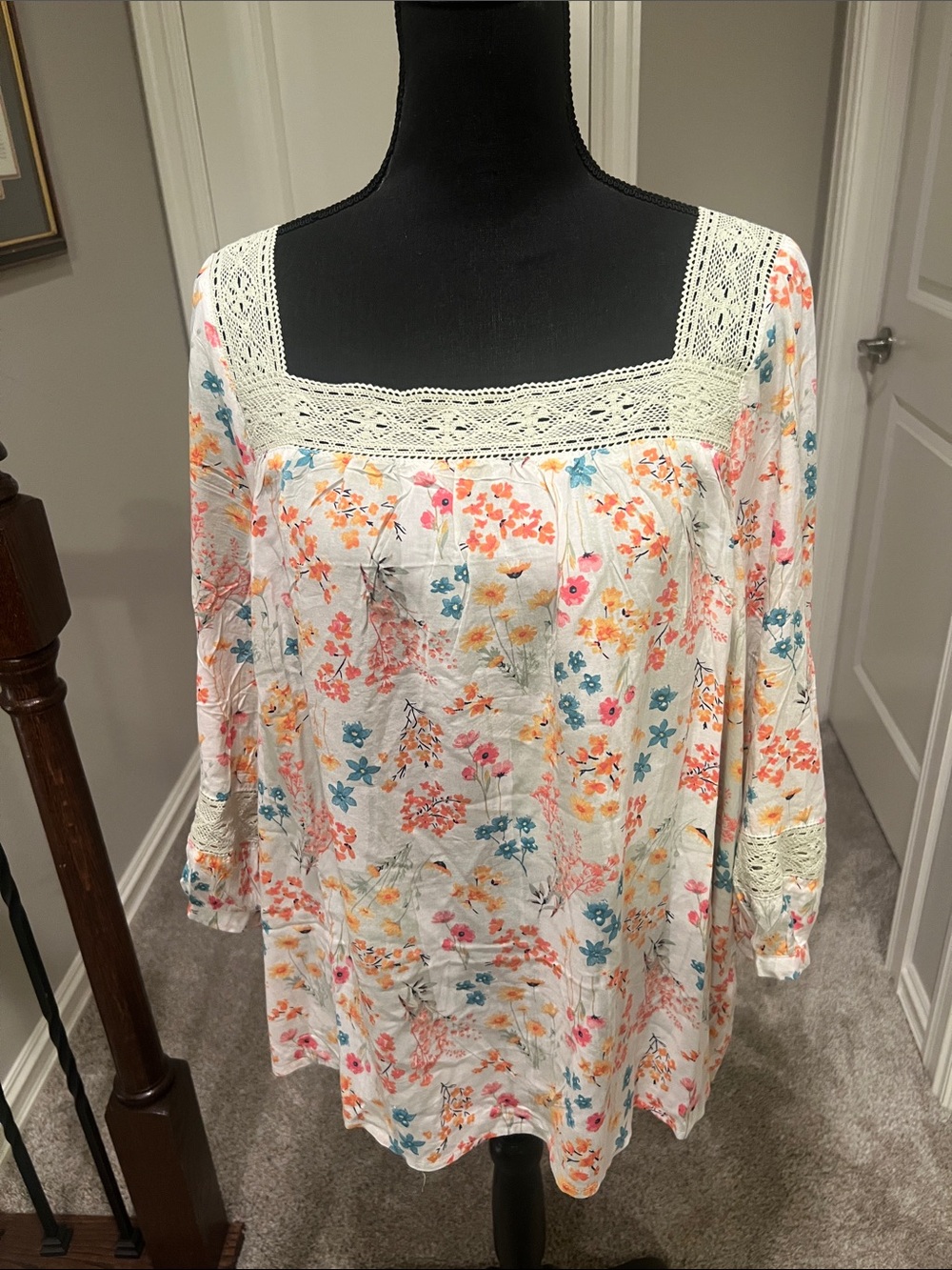 Cato White Floral Crochet-Trim Square Neck Tunic